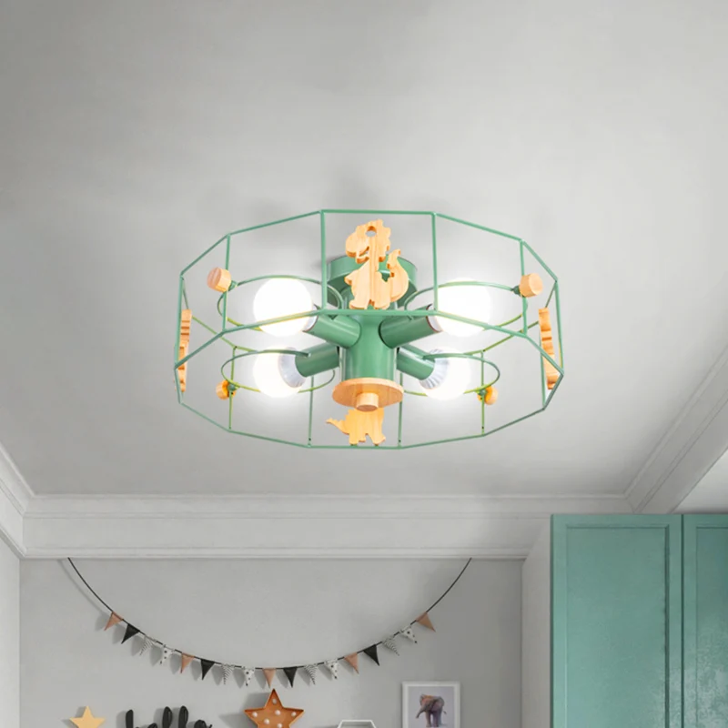 Drum Cage Shade Semi Mount Lighting Cartoon Metal 4-lichts plafondlamp met dinosaurusdecoratie groene afwerking Clearhalo