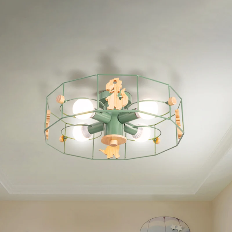 Drum Cage Shade Semi Mount Lighting Cartoon Metal 4-lichts plafondlamp met dinosaurusdecoratie groene afwerking Clearhalo