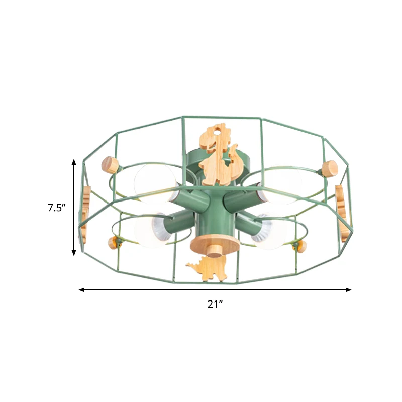 Drum Cage Shade Semi Mount Lighting Cartoon Metal 4-lichts plafondlamp met dinosaurusdecoratie groene afwerking Clearhalo