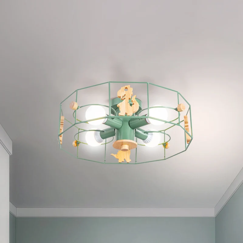 Drum Cage Shade Semi Mount Lighting Cartoon Metal 4-lichts plafondlamp met dinosaurusdecoratie groene afwerking Clearhalo