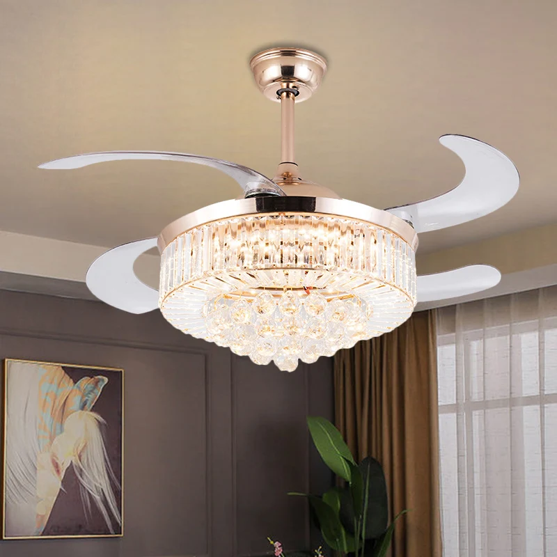 Drum Clear Crystal Semi-inbouw minimalistische 19-inch brede LED gouden hangende ventilatorlamp met 4 bladen Clearhalo