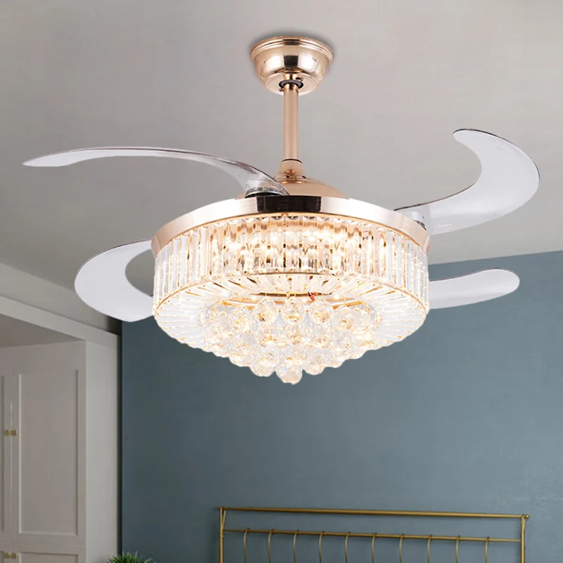 Drum Clear Crystal Semi-inbouw minimalistische 19-inch brede LED gouden hangende ventilatorlamp met 4 bladen Clearhalo