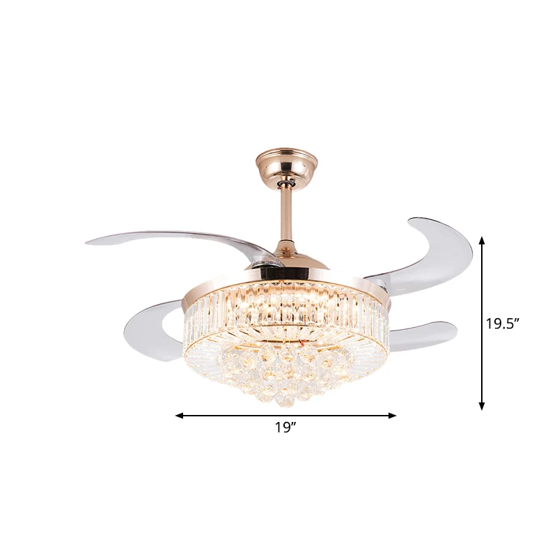 Drum Clear Crystal Semi-inbouw minimalistische 19-inch brede LED gouden hangende ventilatorlamp met 4 bladen Clearhalo