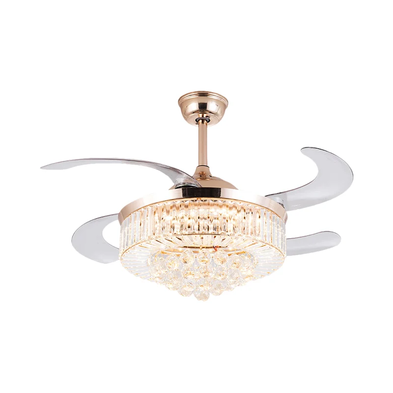Drum Clear Crystal Semi-inbouw minimalistische 19-inch brede LED gouden hangende ventilatorlamp met 4 bladen Clearhalo