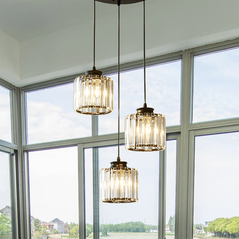 Drum Crystal Multi Light hanglamp modernistisch 3-lichts zwart plafondophangarmatuur met lineaire/ronde luifel Clearhalo