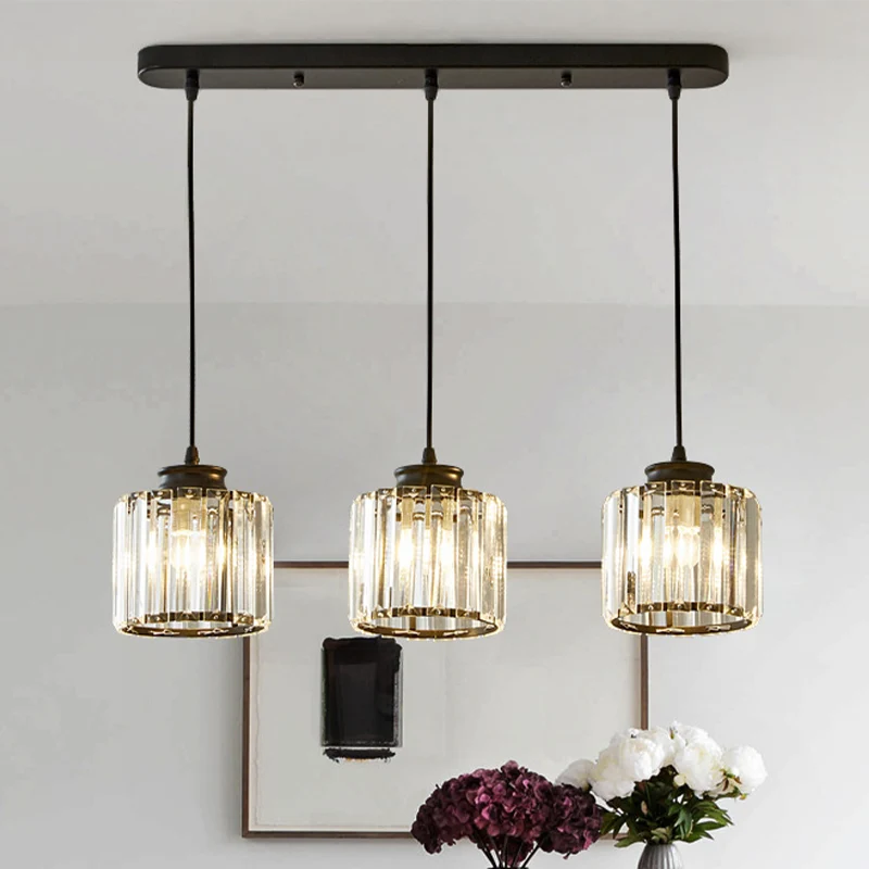 Drum Crystal Multi Light hanglamp modernistisch 3-lichts zwart plafondophangarmatuur met lineaire/ronde luifel Clearhalo