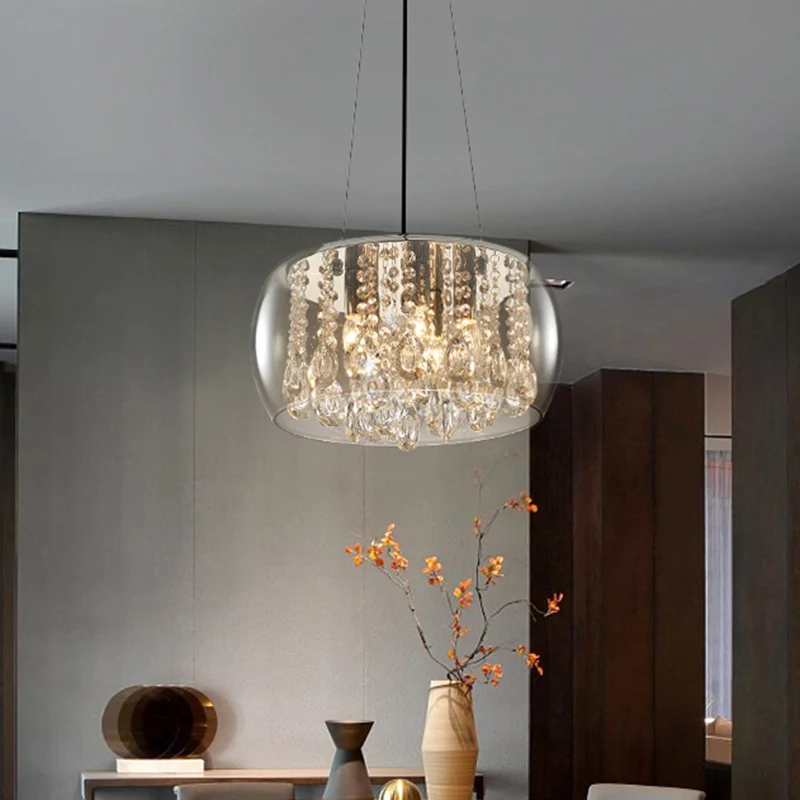 Drum Eetkamer Kroonluchter Verlichting Eenvoudige Stijl Kristallen Druppel 3 Hoofden Hanglamp met Amber/Helder Glazen Kap...