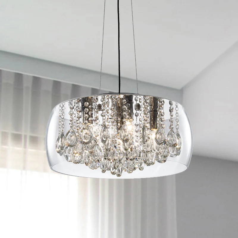 Drum Eetkamer Kroonluchter Verlichting Eenvoudige Stijl Kristallen Druppel 3 Hoofden Hanglamp met Amber/Helder Glazen Kap...