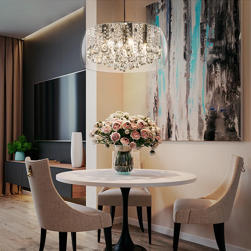 Drum Eetkamer Kroonluchter Verlichting Eenvoudige Stijl Kristallen Druppel 3 Hoofden Hanglamp met Amber/Helder Glazen Kap...
