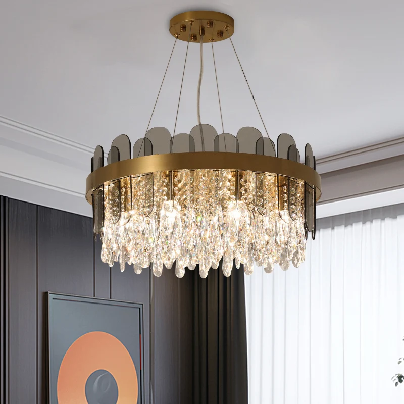 Drum Eetkamer Plafondkroonluchter Retro Kristal 8/12 Lichten Gouden Afwerking Hanglamp met Ovaal Paneel Deco Clearhalo