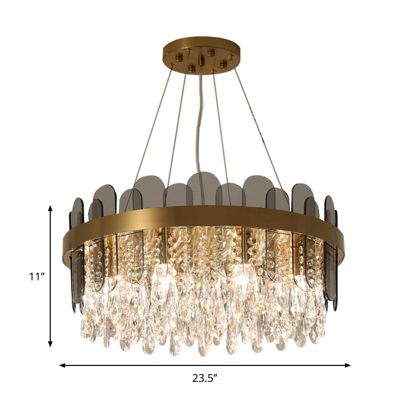 Drum Eetkamer Plafondkroonluchter Retro Kristal 8/12 Lichten Gouden Afwerking Hanglamp met Ovaal Paneel Deco Clearhalo