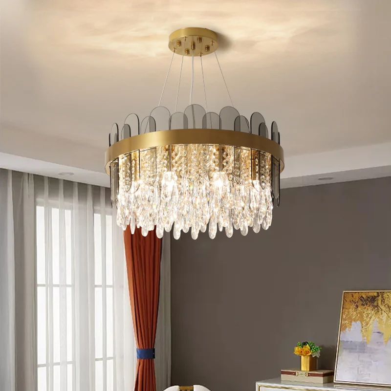 Drum Eetkamer Plafondkroonluchter Retro Kristal 8/12 Lichten Gouden Afwerking Hanglamp met Ovaal Paneel Deco Clearhalo
