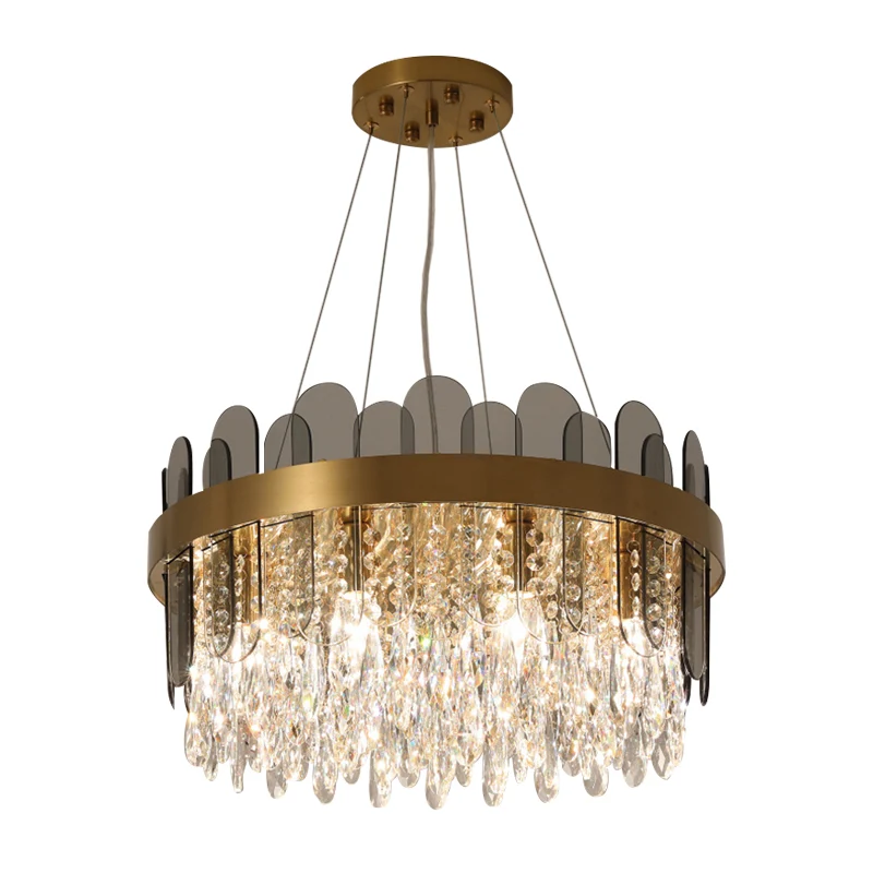 Drum Eetkamer Plafondkroonluchter Retro Kristal 8/12 Lichten Gouden Afwerking Hanglamp met Ovaal Paneel Deco Clearhalo