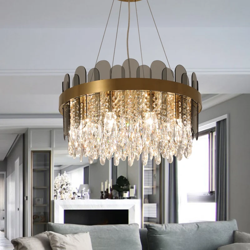 Drum Eetkamer Plafondkroonluchter Retro Kristal 8/12 Lichten Gouden Afwerking Hanglamp met Ovaal Paneel Deco Clearhalo