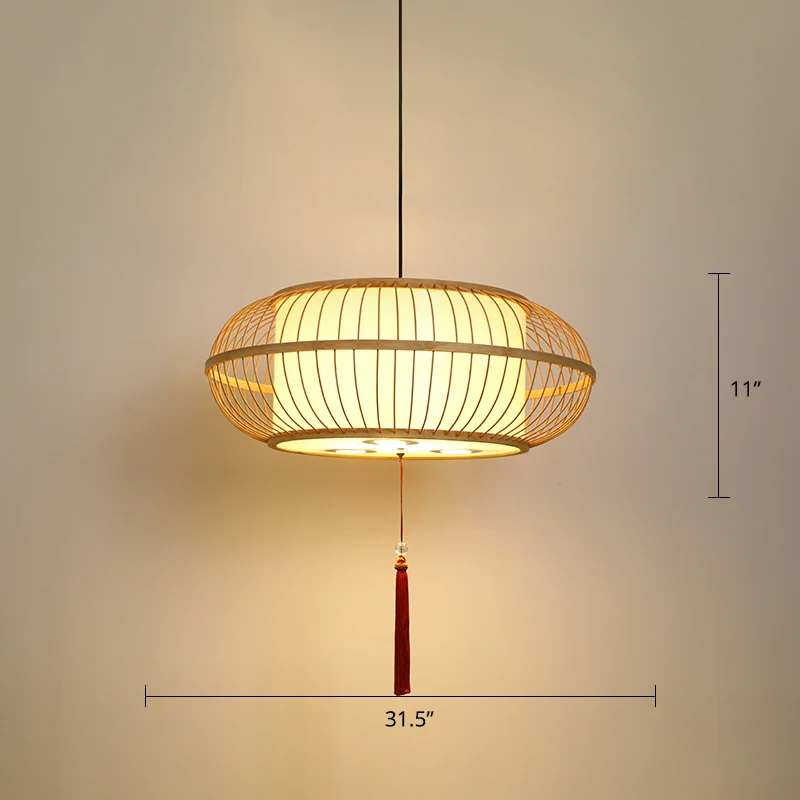 Drum hangende plafondlamp Aziatisch bamboe 1-lichts beige hanglamp met kwastjesknoop Clearhalo