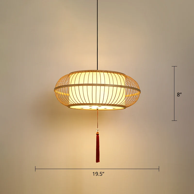 Drum hangende plafondlamp Aziatisch bamboe 1-lichts beige hanglamp met kwastjesknoop Clearhalo
