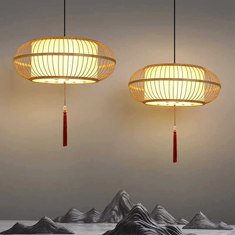 Drum hangende plafondlamp Aziatisch bamboe 1-lichts beige hanglamp met kwastjesknoop Clearhalo