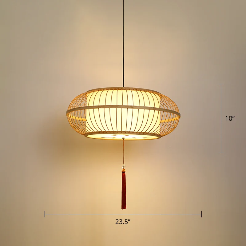 Drum hangende plafondlamp Aziatisch bamboe 1-lichts beige hanglamp met kwastjesknoop Clearhalo