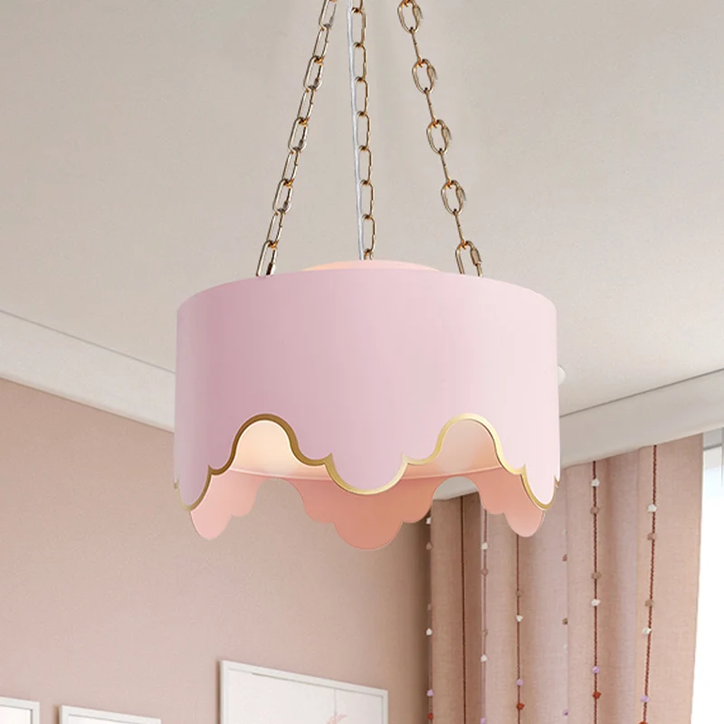Drum hangende plafondlamp kinderen ijzer 1 lamp roze hanglamp met gegolfde rand voor kinderkamer Clearhalo