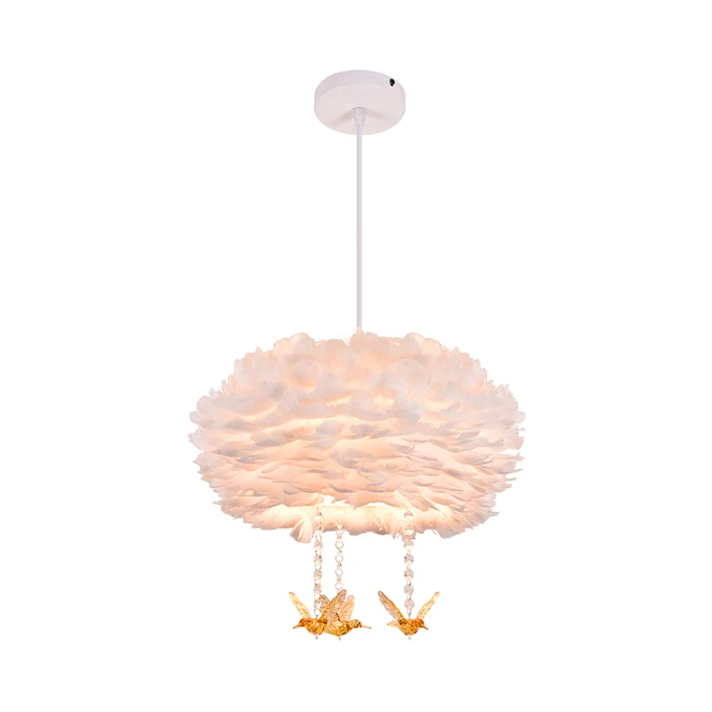 Drum kroonluchter moderne stijl veer 3/4/5-kops witte hanglamp met amber vogel decor, 16"/19,5"/31,5" breedte Clearhalo