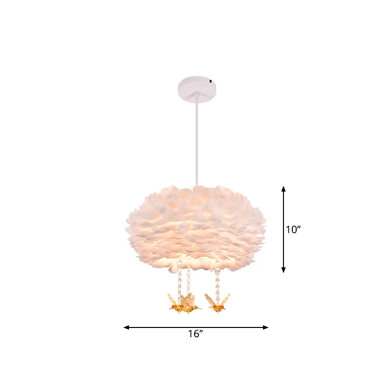 Drum kroonluchter moderne stijl veer 3/4/5-kops witte hanglamp met amber vogel decor, 16"/19,5"/31,5" breedte Clearhalo