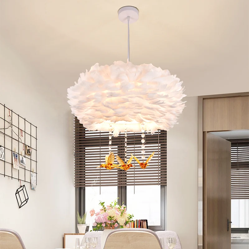 Drum kroonluchter moderne stijl veer 3/4/5-kops witte hanglamp met amber vogel decor, 16"/19,5"/31,5" breedte Clearhalo