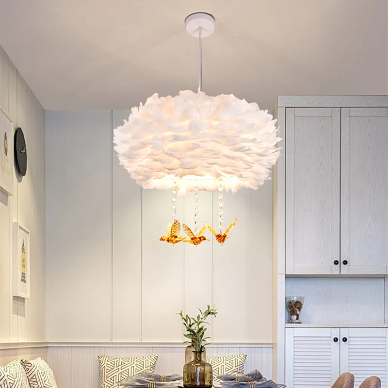 Drum kroonluchter moderne stijl veer 3/4/5-kops witte hanglamp met amber vogel decor, 16"/19,5"/31,5" breedte Clearhalo