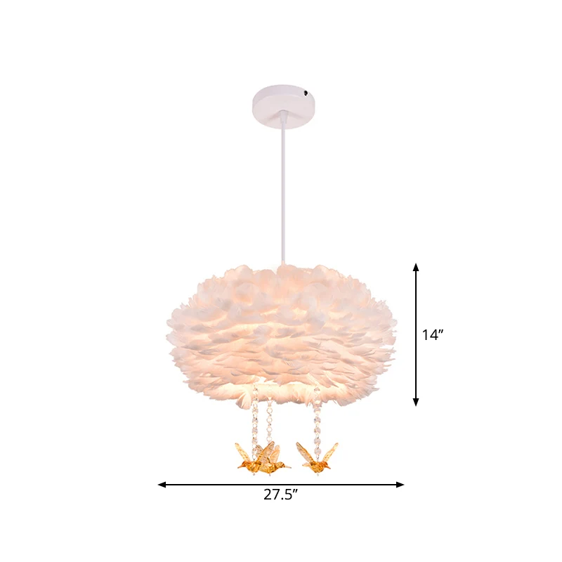 Drum kroonluchter moderne stijl veer 3/4/5-kops witte hanglamp met amber vogel decor, 16"/19,5"/31,5" breedte Clearhalo