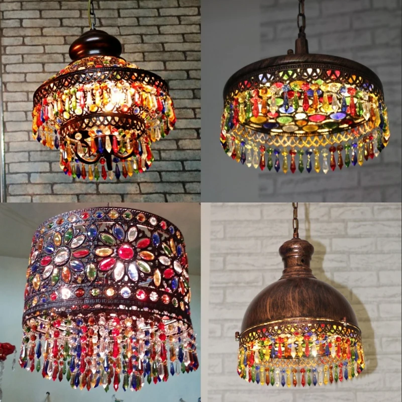 Drum metallic hanglamp Boheemse 3-kops woonkamer kroonluchter licht met kristaldeco rood Clearhalo