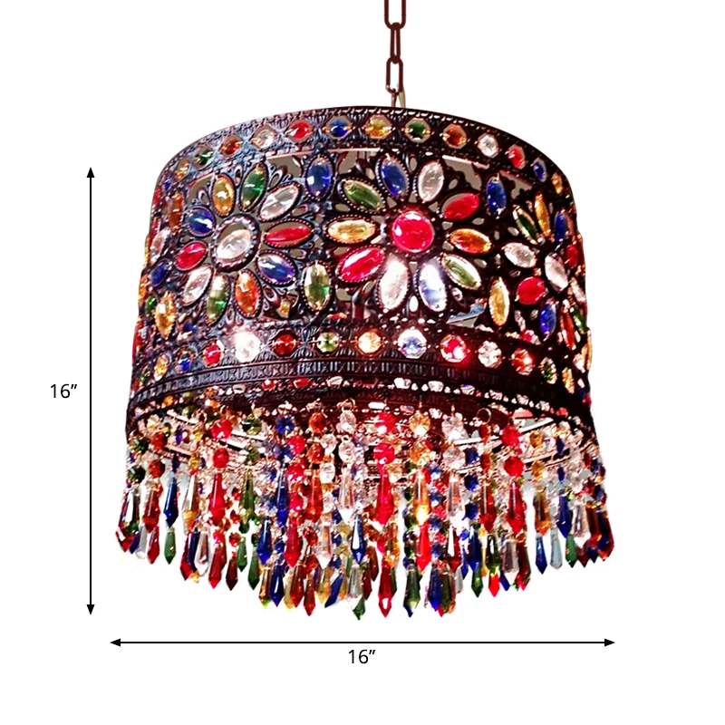 Drum metallic hanglamp Boheemse 3-kops woonkamer kroonluchter licht met kristaldeco rood Clearhalo
