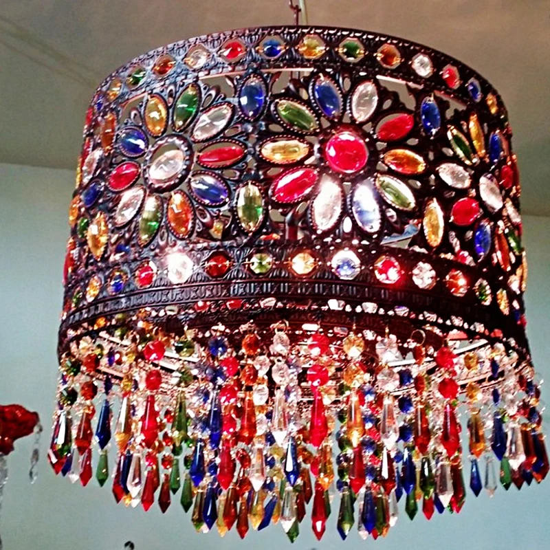 Drum metallic hanglamp Boheemse 3-kops woonkamer kroonluchter licht met kristaldeco rood Clearhalo