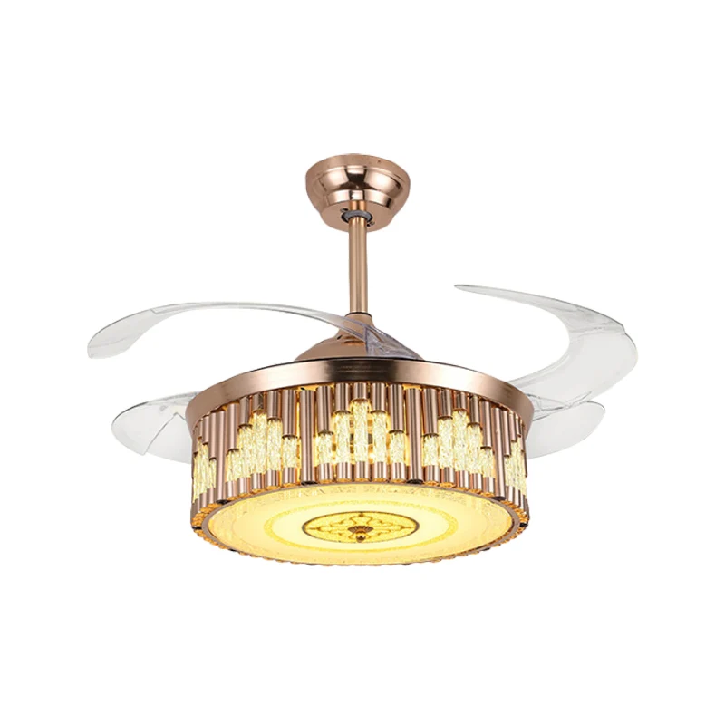 19" W Drum Parlor hangventilator licht gefacetteerd kristal LED modernisme semi-inbouwverlichting goud, 4-bladig Clearhalo