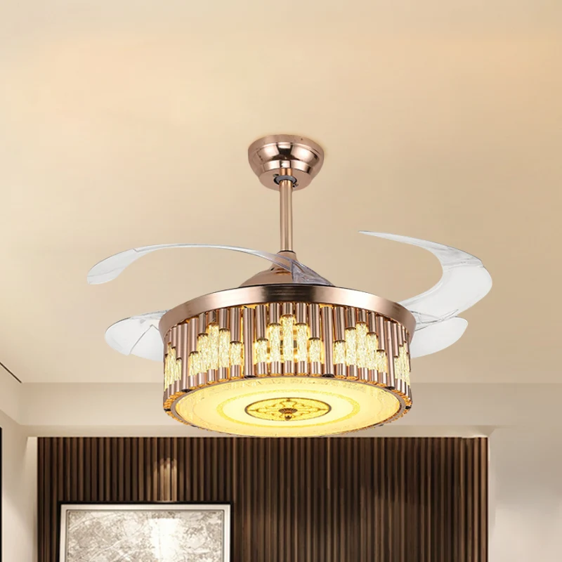 19" W Drum Parlor hangventilator licht gefacetteerd kristal LED modernisme semi-inbouwverlichting goud, 4-bladig Clearhalo