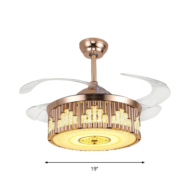 19" W Drum Parlor hangventilator licht gefacetteerd kristal LED modernisme semi-inbouwverlichting goud, 4-bladig Clearhalo