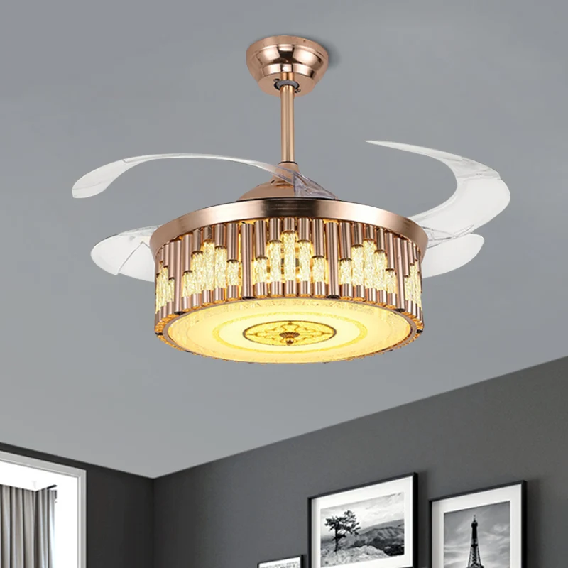 19" W Drum Parlor hangventilator licht gefacetteerd kristal LED modernisme semi-inbouwverlichting goud, 4-bladig Clearhalo