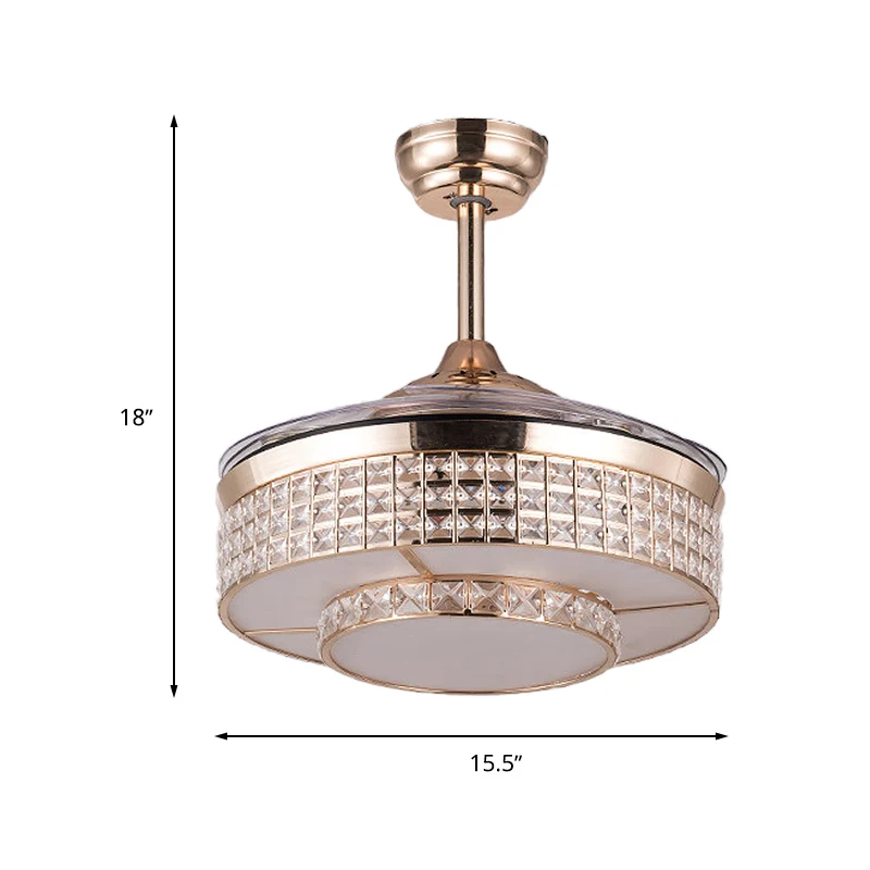 Drum plafondventilator licht eigentijds kristal 15"/19" brede LED goud semi-inbouwmontage met afstandsbediening/muurbedien...