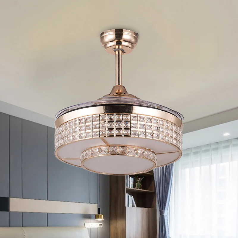 Drum plafondventilator licht eigentijds kristal 15"/19" brede LED goud semi-inbouwmontage met afstandsbediening/muurbedien...