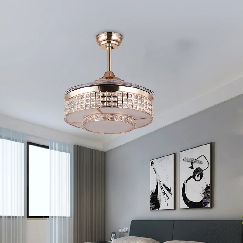Drum plafondventilator licht eigentijds kristal 15"/19" brede LED goud semi-inbouwmontage met afstandsbediening/muurbedien...