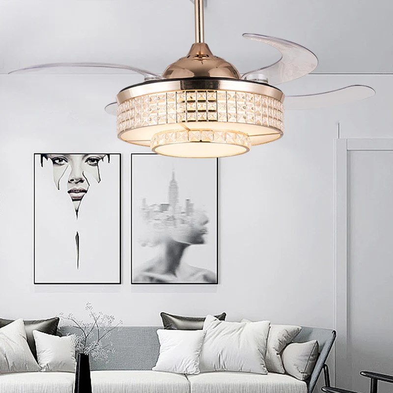 Drum plafondventilator licht eigentijds kristal 15"/19" brede LED goud semi-inbouwmontage met afstandsbediening/muurbedien...