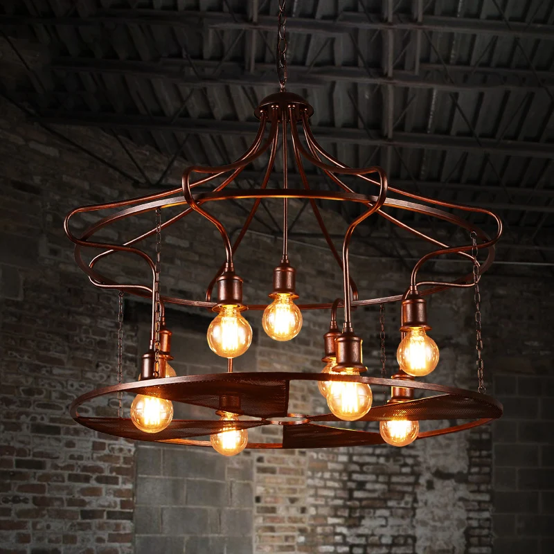 Drum Restaurant Hanglamp Metaal Negen Lichten Antieke Stijlvolle Kroonluchter Roest Clearhalo