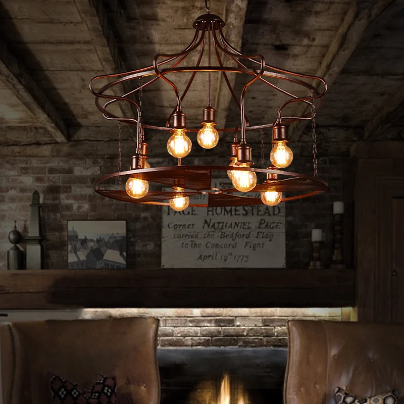 Drum Restaurant Hanglamp Metaal Negen Lichten Antieke Stijlvolle Kroonluchter Roest Clearhalo