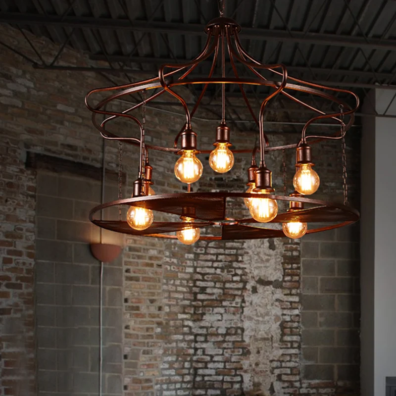 Drum Restaurant Hanglamp Metaal Negen Lichten Antieke Stijlvolle Kroonluchter Roest Clearhalo