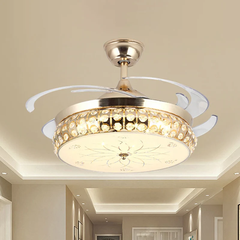 19" W Drum Semi-gemonteerde verlichting Eenvoudige afgeschuinde kristallen LED gouden hangende ventilatorlamp met lotuspat...