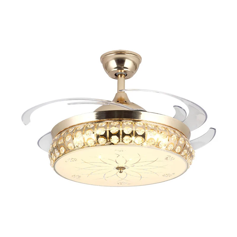 19" W Drum Semi-gemonteerde verlichting Eenvoudige afgeschuinde kristallen LED gouden hangende ventilatorlamp met lotuspat...