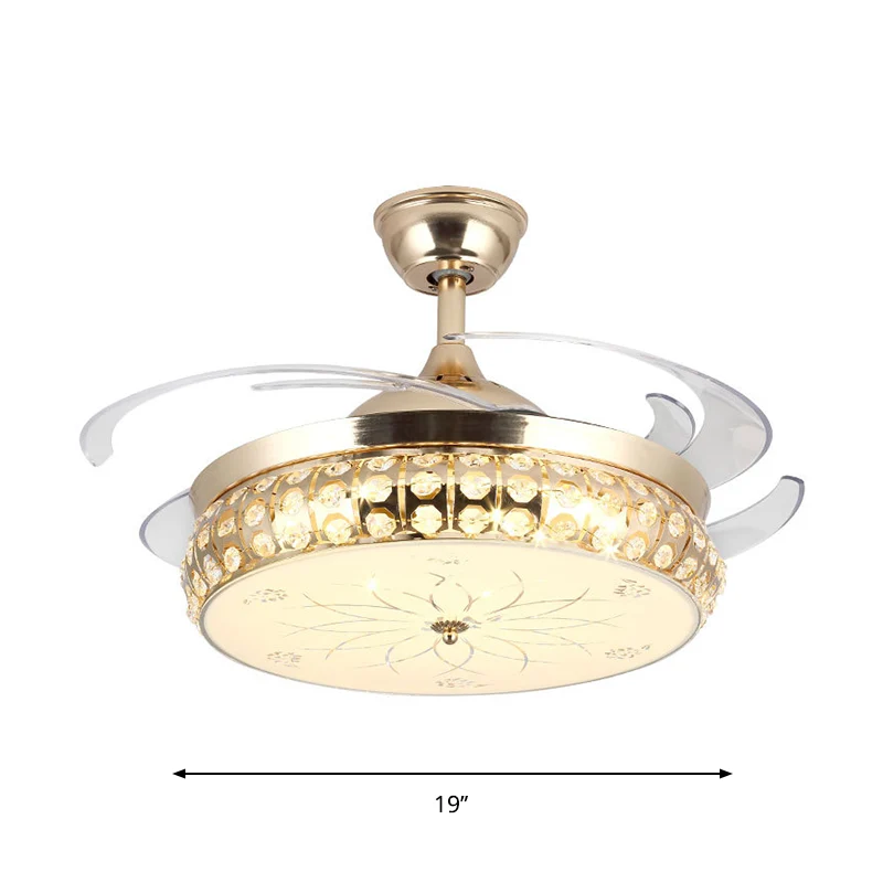 19" W Drum Semi-gemonteerde verlichting Eenvoudige afgeschuinde kristallen LED gouden hangende ventilatorlamp met lotuspat...