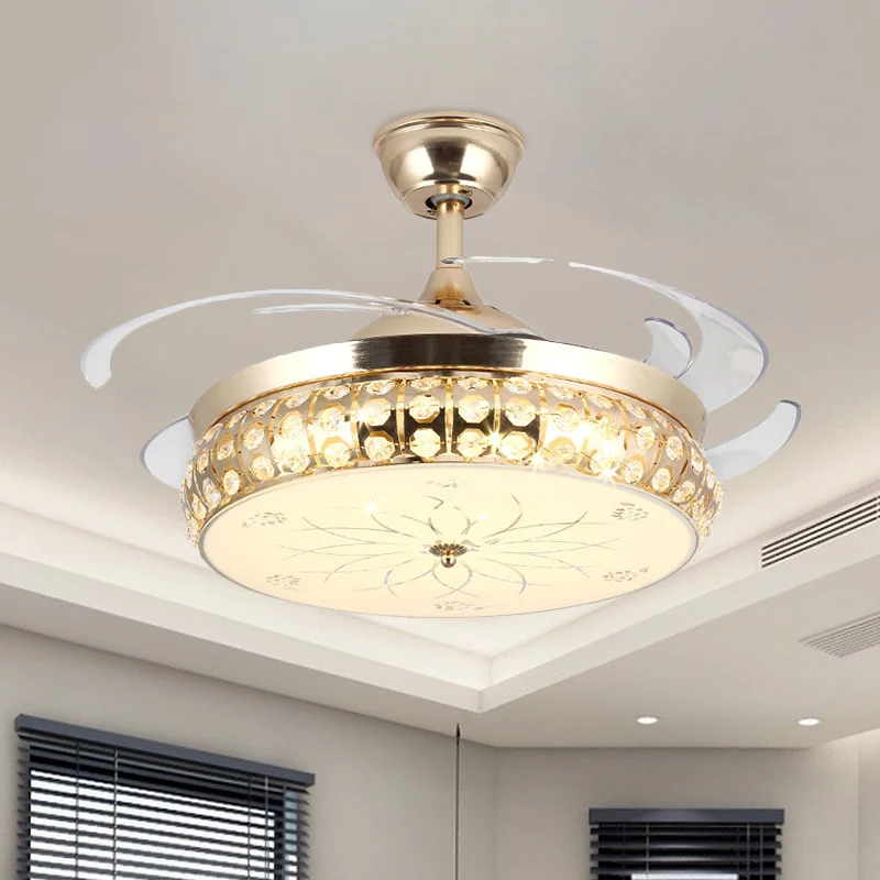 19" W Drum Semi-gemonteerde verlichting Eenvoudige afgeschuinde kristallen LED gouden hangende ventilatorlamp met lotuspat...