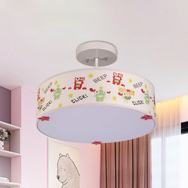 Drum semi-mount verlichting cartoon stof 3 lampen plafondlamp met dierenpatroon wit Clearhalo