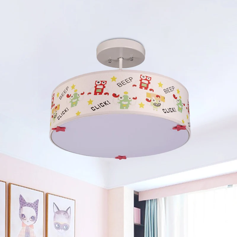 Drum semi-mount verlichting cartoon stof 3 lampen plafondlamp met dierenpatroon wit Clearhalo
