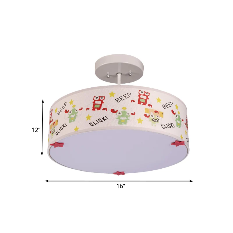 Drum semi-mount verlichting cartoon stof 3 lampen plafondlamp met dierenpatroon wit Clearhalo