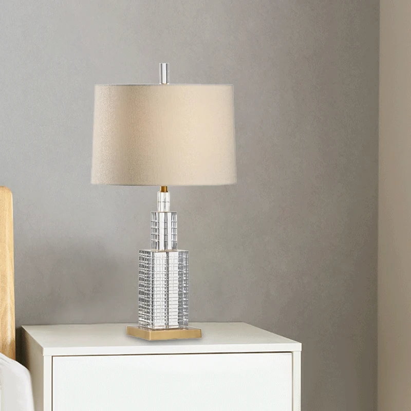 Drum Shade Kristallen Bureaulamp Moderne Stof 1 Lamp Beige Tafellamp voor Eetkamer Clearhalo